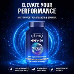 Durex Elevate Performa Capsules for Men | Ashwagandha KSM-66 Purified Shilajit & Supplement | Supports Strength & Stamina | 30 Capsules